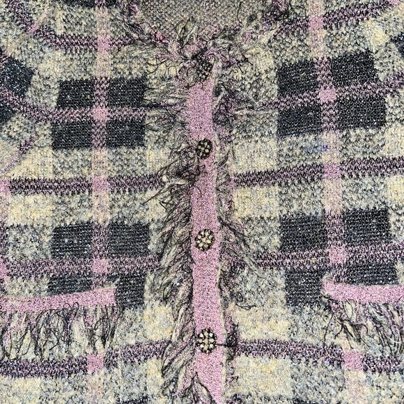 ZARA bubble sleeve tweed cropped jacket blazer purple tan fringe old money fall - Picture 5 of 11